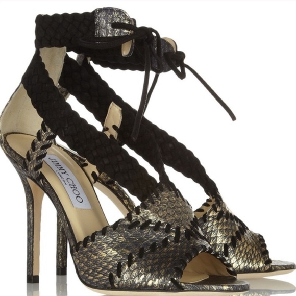 JIMMY CHOOBlack & Gold Snake Skin Print Suede Peep Toe Lace Up Heels39.5 9